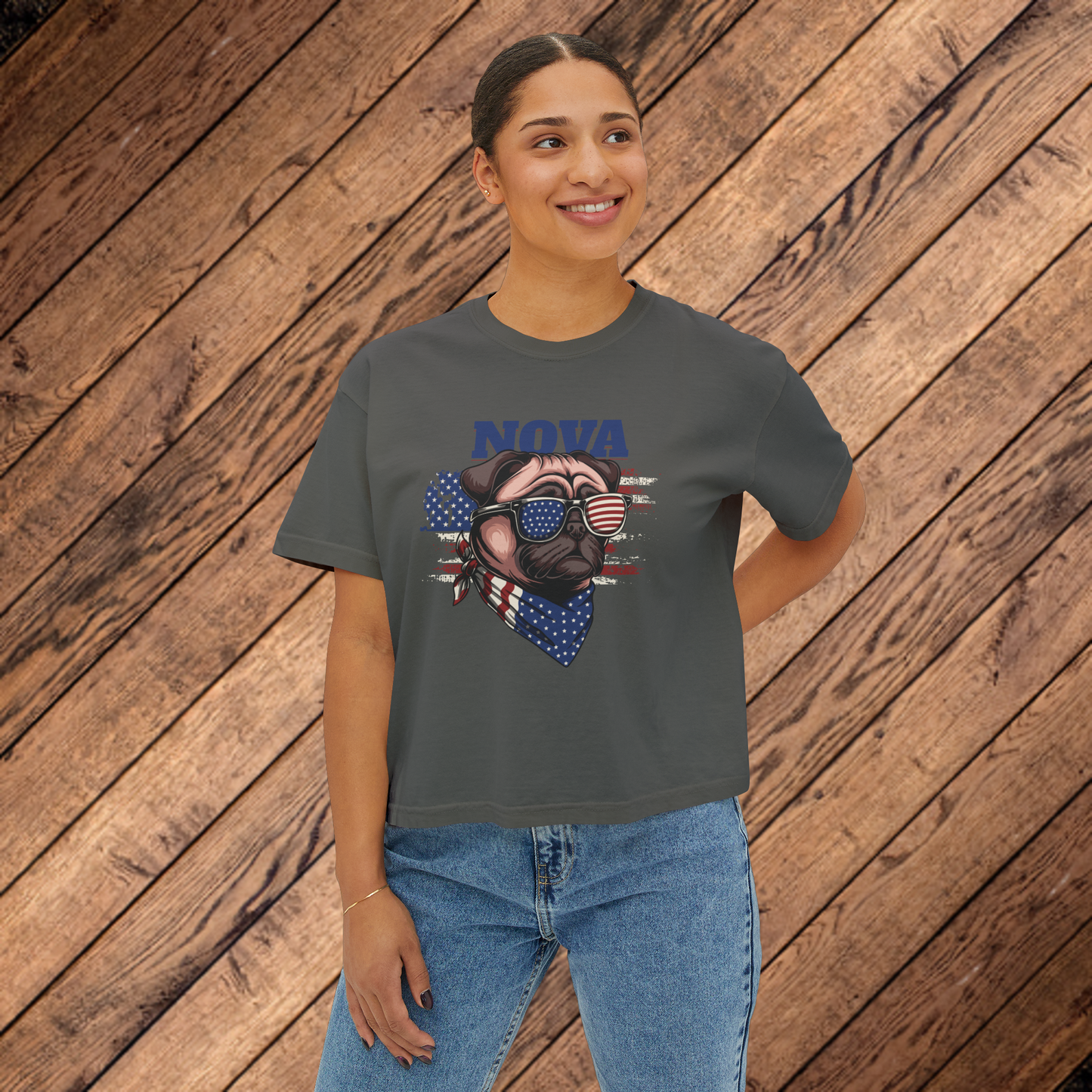 NOVA Women's Patriotic Pug Boxy Tee Shirt